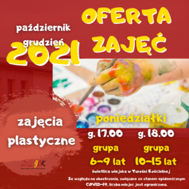 Grafika informująca o zajęciach plastycznych dla dzieci i młodzieży organizowanych w GOK-u w Turosni Kościelnej..png